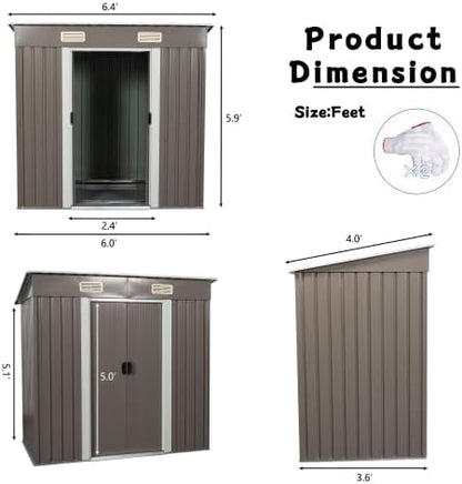 Chery Industrial 6FT x 4FT Outdoor Storage Shed，Metal Tool with Lockable Sliding Shed Door and Vents,Waterproof Galvanized Steel Sheds & Outdoor Storage for Backyard, Garden(Brown)
