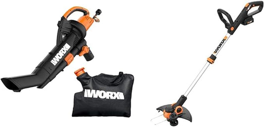 WORX WG509 12 Amp TRIVAC 3-in-1 Electric Leaf Blower with All Metal Mulching System & WG163 GT 3.0 20V PowerShare 12" Cordless String Trimmer & Edger (2 Batteries & Charger Included)
