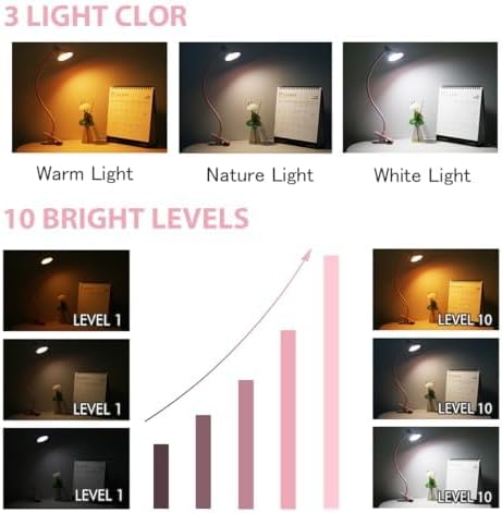 Desk Clip Reading Light, 3 Light Modes 10 Dimmable Brightness, Eye-Caring Bedroom Bedside Lamp, Flexible Neck Clamp Lamp（Pink）