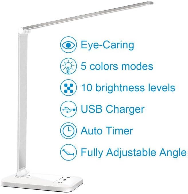 LED Desk Lamp Dimmable Table Lamp Reading Lamp with USB Charging Port, 5 Lighting Modes, Sensitive Control, 30/60 Minutes Auto-Off Timer, Eye-Caring Office Lamp