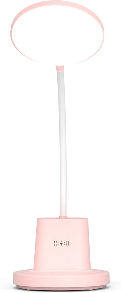 Sailstar Desk Lamp for Home Office, Small Desk Lamp with Wireless Charger & Pen Holder, Cute Desk Lamp LED Dimmable Touch 3 Lighting Modes Memory, Gooseneck Pink Desk Light for College Dorm Room