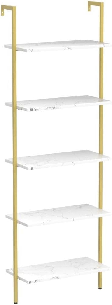 Tajsoon 5-Tier Ladder Shelf, Large Wall Mount Bookshelf with Metal Frame, Open Display Shelves for Living Room, Bedroom, Home, Plant Flower, White & Gold