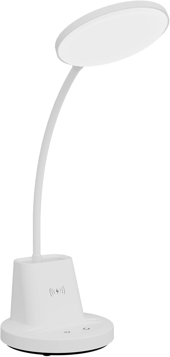 hansang LED Desk Lamp with Wireless Charger for Home Office, Stepless Dimmable, 3 Color Modes, Touch Control White Study Lamp for College Dorm Room, Pen Holder, CRI 90, 800 Lumen, Adapter Included