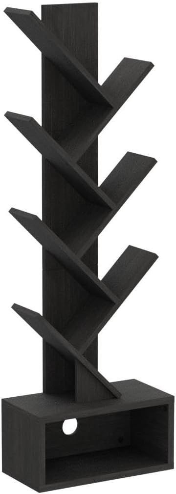 Yoobure Tree Bookshelf - 6 Shelf Retro Floor Standing Bookcase, Tall Wood Book Storage Rack for CDs/Movies/Books, Utility Book Organizer Shelves for Bedroom, Living Room, Home Office, Dark Grey