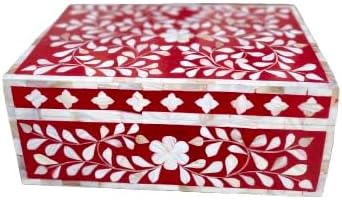 Decorative Wooden Storage Box with Mother of Pearl Inlay – Elegant Floral Design – Perfect for Home Décor in Living Room, Dining Area, or Bedroom (Red, 12x8x5 inches)