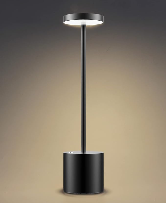 Cordless Table Lamp, Rechargeable LED Battery 6000mAh Metal USB Portable Powered Desk Lamp, 3 Levels Brightness Light for Restaurants Outdoor (13.25in Black)