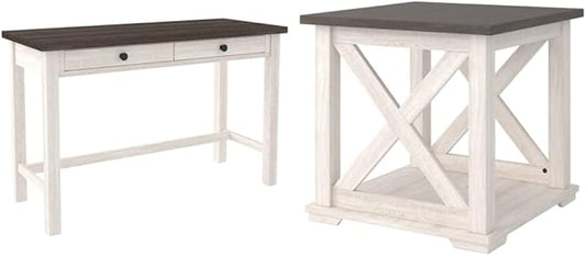 Signature Design by Ashley Dorrinson Modern Farmhouse 47" Home Office Desk with 2 Drawers, Whitewash & Dorrinson Square Modern Farmhouse End Table, Two Tone White & Brown