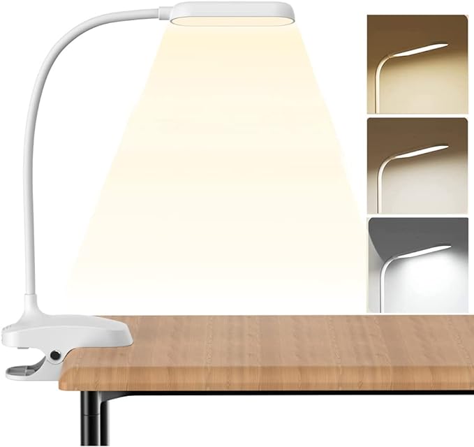 COLORLIFE Desk Lamp Clip On Light-7W 2600mAH Flexible Gooseneck Battery Operated Rechargeable Reading Lamp with Clamp & Stepless Brightness for Desk,Piano,Bed Headboard and Computers