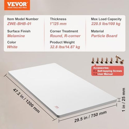 VEVOR Table Top 47.2" x 29.5" x 1" Universal Tabletop, White