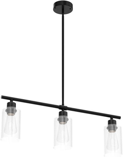 Kitchen Island Lighting, 3 Lights Linear Chandeliers Rectangle Pendant Light Fixtures for Dining Room Farmhouse Hanging Light with Glass Shades(Black)