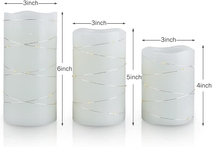 H-BLOSSOM Flickering Flameless Candles Ivory Real Wax Pillar with Embedded String Lights LED Candles Battery Operated with Cycling 5H Timer Set of 3 (3" x 4"/5"/6") (Ivory)