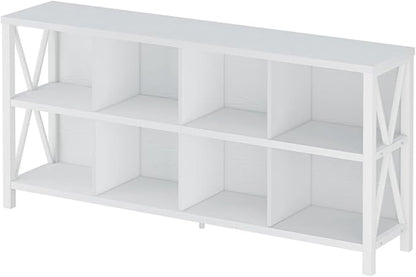 FATORRI 8 Cube Storage Organizer Bookshelf, Rustic Wood Cubby Bookcase, Industrial Horizontal Long Shelf for Living Room (White Oak, 62 Inch)