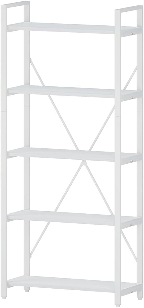 FATORRI 5 Tier Bookshelf, Metal and Wood Bookcase, Etagere Book Shelf for Display, Modern Shelving Unit Tall Book case for Home Office, Living Room, Bedroom (White Oak)