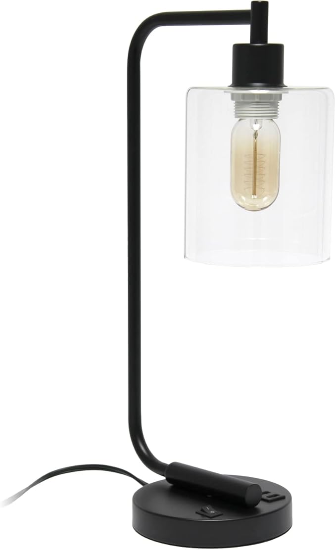 Simple Designs LD1066-BLK Bronson Antique Style Industrial Iron Lantern Desk Bedside Table Lamp with Dual 2 USB Charging Ports and Glass Shade, Black