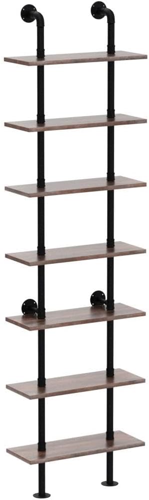 HOMBAZAAR Industrial Bookshelf, 7-Tier Industrial Pipe Bookshelf, Wall Mounted Ladder Shelves with Metal Frame for Home Office, Living Room, Oak Brown