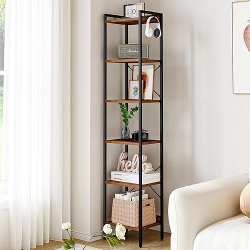 Bookshelf, Book Shelf, Industrial Bookcase with 2 Hooks, Coner Shelf Storage Organizer for Home Office, Living Room, Bedroom, Kitchen, 6-Tier Rustic Brown BC10701B