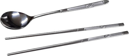 GARASANI Korean Traditional Cutlery Stainless Steel Spoons and Chopsticks Set (Silver Turtle)