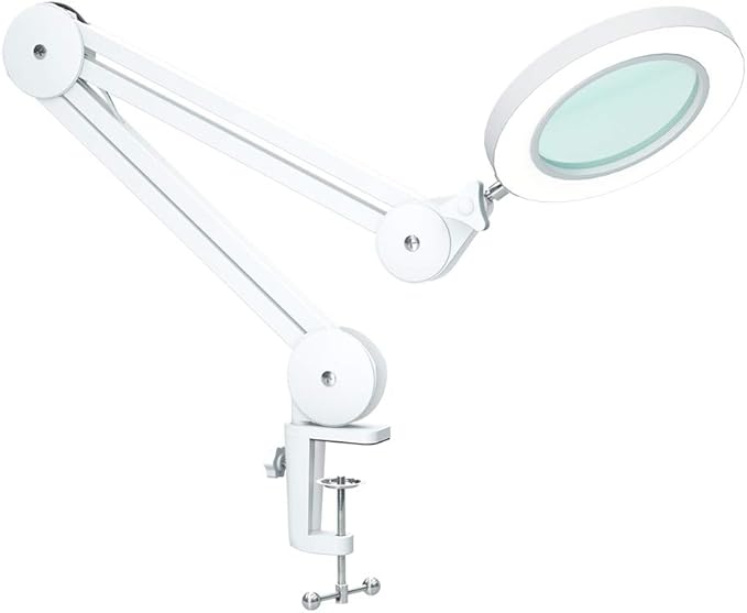 Magnifying Glass with Light and Clamp, Magnifying Lamp with 4.2'' 5X Real Glass Magnifier, 3-Color Dimmable LED Light, Premium Swing Arm Hands Free for Estheticians Crafts Hobbies Arts