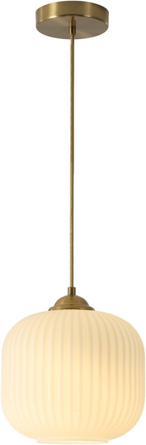 KCO Lighting Modern Brass Gold 7.9” Ribbed White Milk Glass Pendant Light | Adjustable Cord, E26 Small Mid Century Modern Hanging Light for Sloped Ceiling Kitchen Island Dining Room Bedroom Entryway