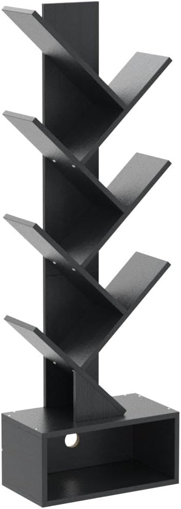 Hoctieon 6 Tier Tree Bookshelf, Tall Bookcase with Drawer, Freestanding Book shelf, Display Floor Standing Storage Shelf, Book Organizer Shelves for Home Office, Living Room, Bedroom, Black