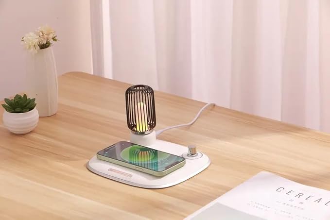 Bedside Desk Table Lamp LED with Wireless Charger Night Sleep Light Mode Dimmable Control Rotary Switch Rustic Simple Rotary Switch Metal Lamps cage QI Fast Charging Pad (White)