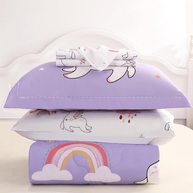 Wajade Kids Purple Unicorn Comforter Set Bed in A Bag Full Size 7 Piece Cute Unicorn Rainbow Clouds Bedding Set for Girls (1 Comforter, 1 Flat Sheet, 1 Fitted Sheet, 2 Pillowcase and 2 Pillow Sham)