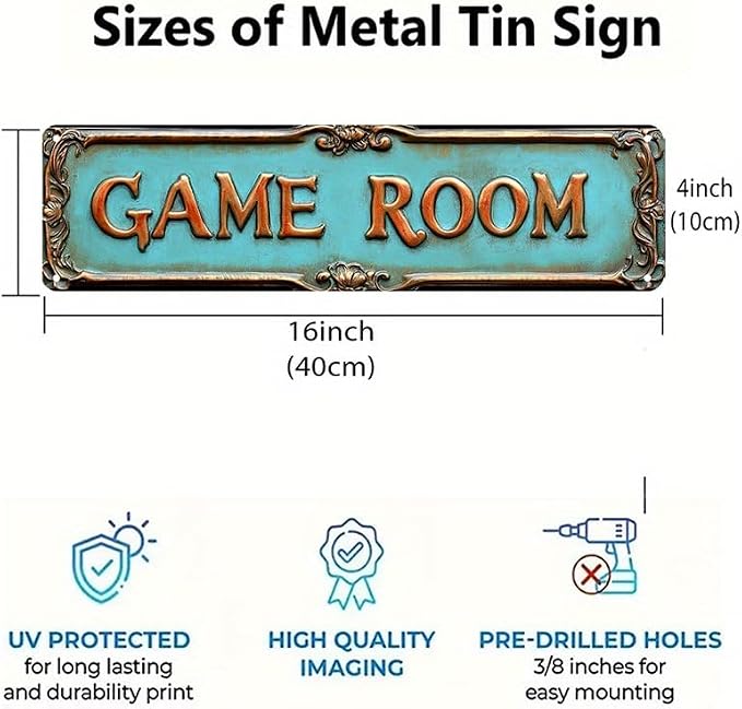 Kexle Vintage Metal Wall Decor Sign 'GAME ROOM' - 4 x 16 inches, Tin, Retro Style, Bar & Home Decor
