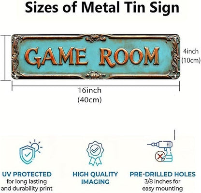 Kexle Vintage Metal Wall Decor Sign 'GAME ROOM' - 4 x 16 inches, Tin, Retro Style, Bar & Home Decor