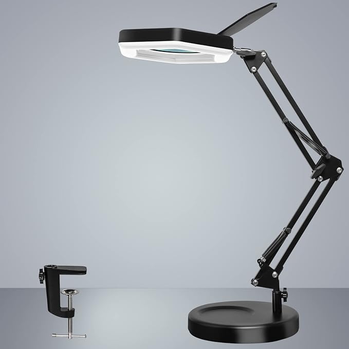 Magnifying Glass with Light and Stand, Dimmable LED Magnifier Desk Lamp with Clamp, 3 Color Modes, Hands Free Magnifying Lights for Close Work, Repair, Swing Arm Magnifying Work Light with Base