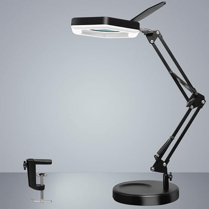 Magnifying Glass with Light and Stand, Dimmable LED Magnifier Desk Lamp with Clamp, 3 Color Modes, Hands Free Magnifying Lights for Close Work, Repair, Swing Arm Magnifying Work Light with Base