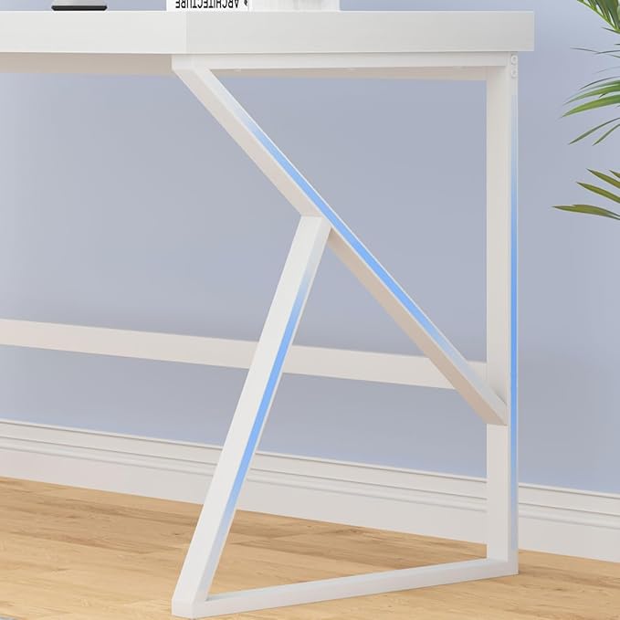 HSH White Computer Desk, Modern Wood Home Office Desk, PC Desk for Executive Work Writing Study Gaming Student Bedroom, Farmhouse Simple Wooden and Metal Computer Table Workstation, White Oak 55 Inch