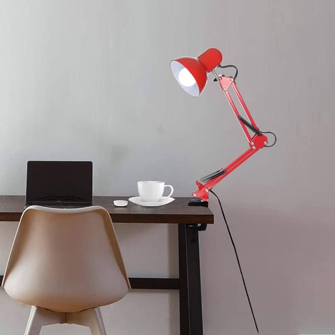 Led Desk Lamp with Clamp - Swing Arm Desk Lamp with 5 LED Cold Light Bulbs 6500K - Folding Table Lamp，Used for Office, Work, Study, Dormitory Reading and Eye Protection Desk Lamp (Red-5)