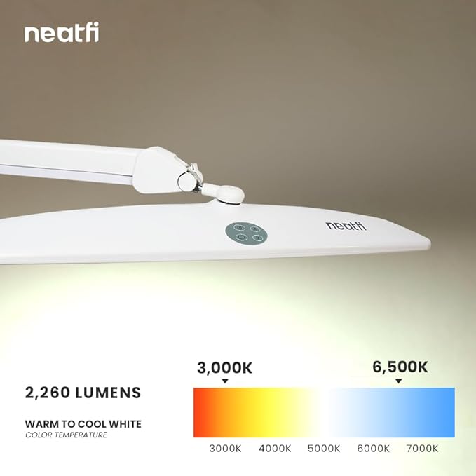 Neatfi Elite HD XL Task Lamp, 3 Adjustable Light Modes, 22 Inches Wide, 2260 Lumens, 84PCS SMD LED, Super Bright Desk Lamp, Non-Polar Dimming (CCT with Clamp, White, 22 Inches)