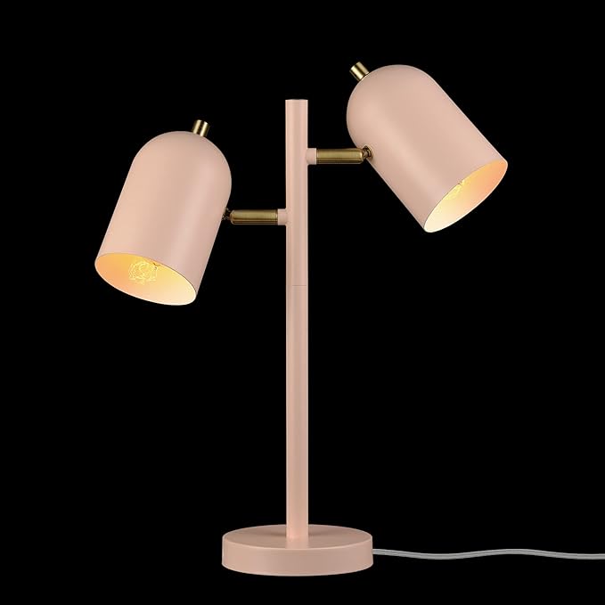 Globe Electric 30290 Carter 18" 2-Light Desk Lamp, Matte Pink, Matte Brass Accents, 2.1A USB Port, On/Off Rotary Switch on Each Shade