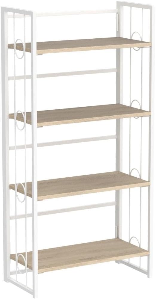 4NM No-Assembly 4 Tiers Folding Bookshelf Storage Shelves Vintage Bookcase Standing Racks Study Organizer Home Office - Natural and White