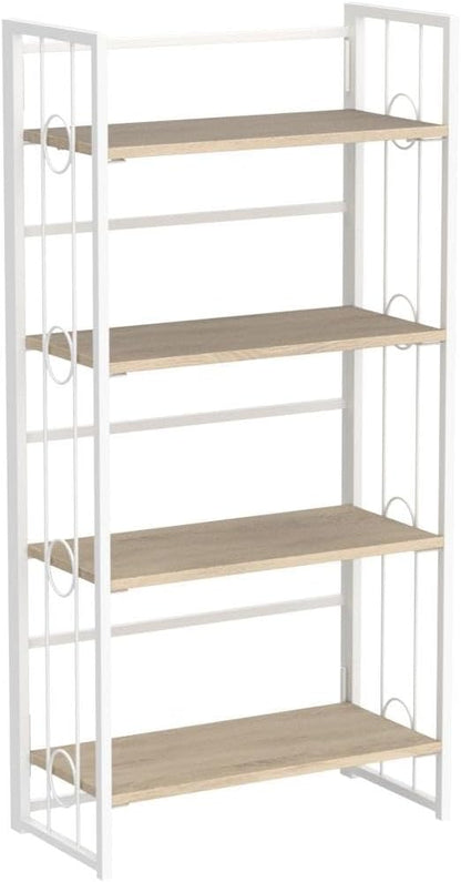 4NM No-Assembly 4 Tiers Folding Bookshelf Storage Shelves Vintage Bookcase Standing Racks Study Organizer Home Office - Natural and White