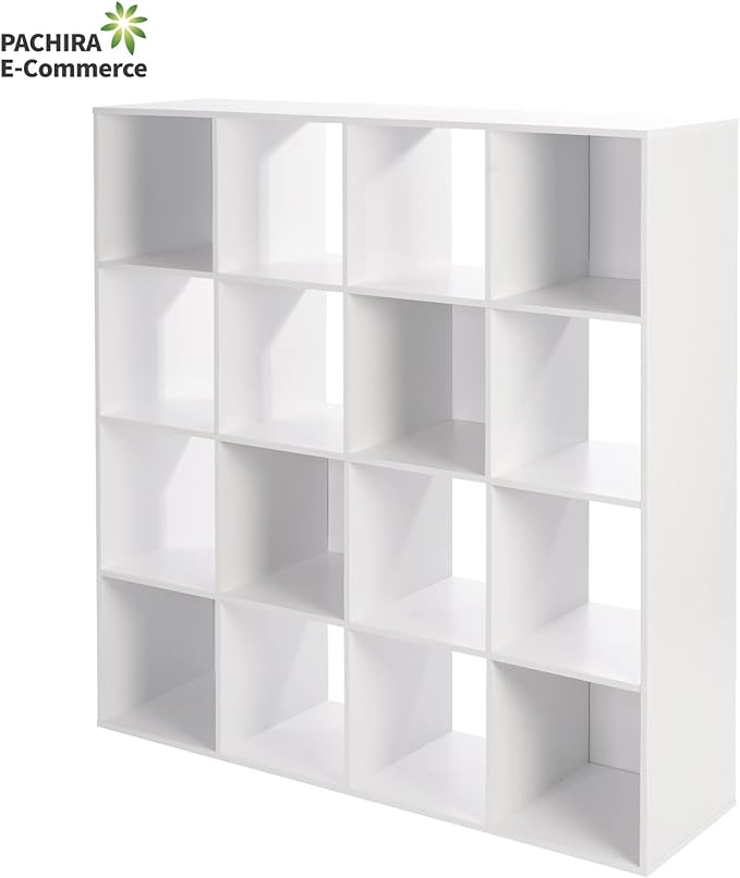 PACHIRA E-Commerce US Toy Storage Shelf, 16-Cube White Wooden Storage Organizer Bookcase Fits 11“x11”x11“ Storage Bin, Bookshelf System Display Compartments, Sturdy Room Cube