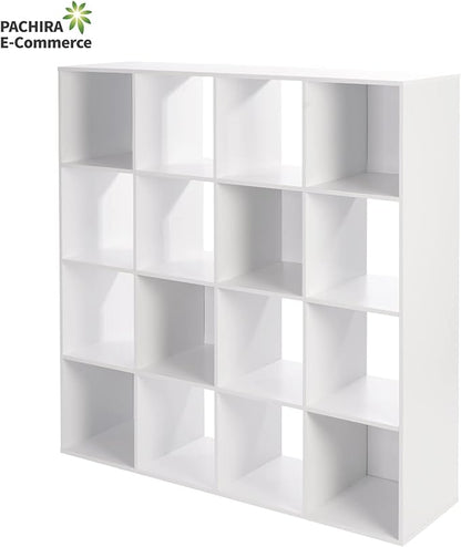 PACHIRA E-Commerce US Toy Storage Shelf, 16-Cube White Wooden Storage Organizer Bookcase Fits 11“x11”x11“ Storage Bin, Bookshelf System Display Compartments, Sturdy Room Cube