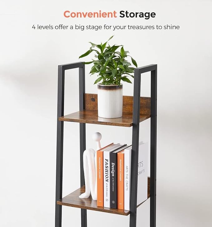 VASAGLE Bookshelf, 4-Tier Narrow Bookcase, Ladder Shelf for Home Office, Living Room, Bedroom, Kitchen, Rustic Brown and Ink Black ULLS108B01