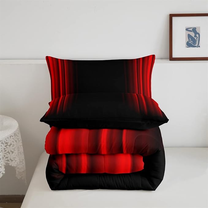 Feelyou Abstract Ombre Comforter Set Kids Teens Red and Black Bedding Set Room Decor 3Pcs Queen Size