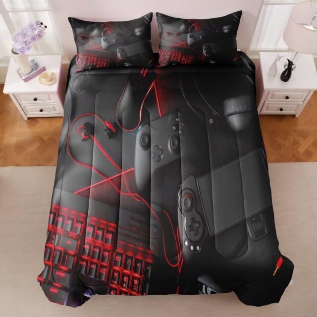 Gaming Comforter for Boys Teens,Game Bedding Sets Queen,Kids Gamer Comforter Set,Video Game Bedroom Decor,Gamepad Controller Duvet Insert All Season 3 Piece 1 Comforter and 2 Pillowcases
