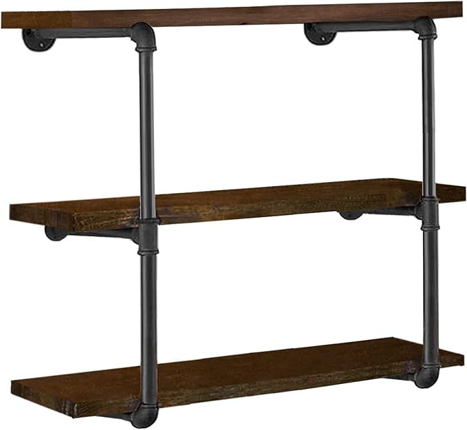 HITOMEN Industrial Iron Pipe Shelves, 2 Set 3-Tier, 28" Tall, 12" Depth, DIY Open Bookshelf Bookcase, Wall Mounted Vintage Retro Shelving, Rustic Farmhouse Pantry Kitchen Storage, Black Shelf Brackets