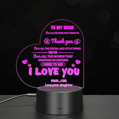 to My Mom I Love You 3D Light Birthday Gift, 7-Color USB Charging Bedside Decoration, I Love You Mother's Day Gift, New Love Heart Birthday Gifts for Mother