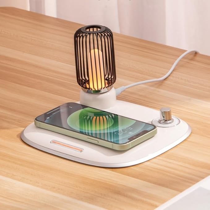 Bedside Desk Table Lamp LED with Wireless Charger Night Sleep Light Mode Dimmable Control Rotary Switch Rustic Simple Rotary Switch Metal Lamps cage QI Fast Charging Pad (White)