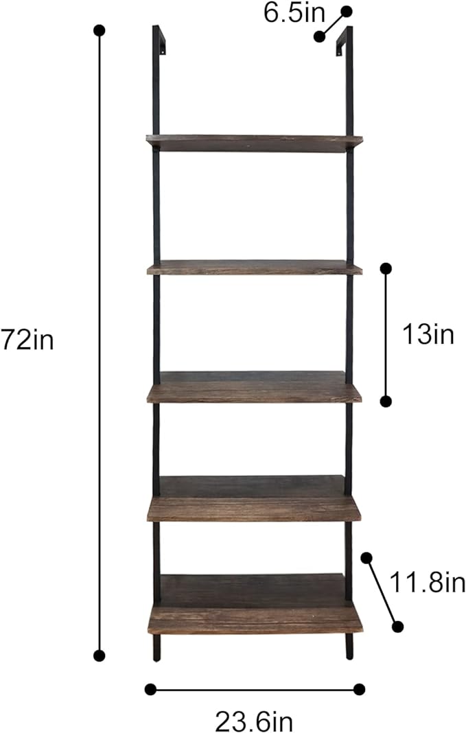 5 Tiers Ladder Shelf Brown Modern Bookshelf Open Tall Wall Mount Bookcase Standing Leaning Wall Shelves Industrial Decorative Living Room Bed Room