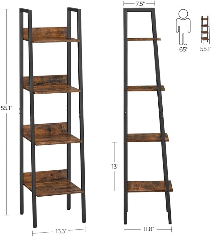 VASAGLE Bookshelf, 4-Tier Narrow Bookcase, Ladder Shelf for Home Office, Living Room, Bedroom, Kitchen, Rustic Brown and Ink Black ULLS108B01