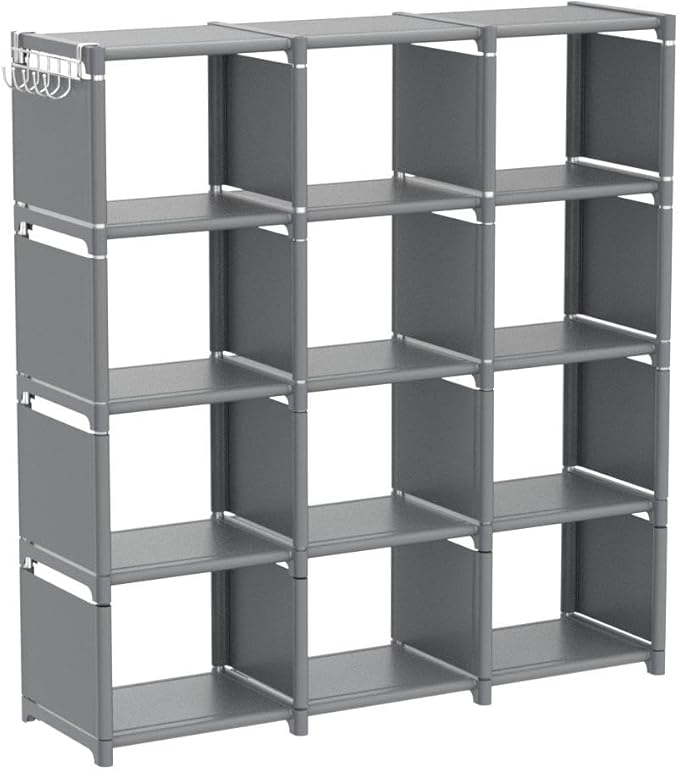 Mavivegue Book Shelf, 12 Cube Storage Organizer, DIY Bookcase, Metal Cube Bookshelf,Tall Book case for Bedroom, Living Room,Office,Closet Storage Organizer, Grey Cubicle Storage Rack