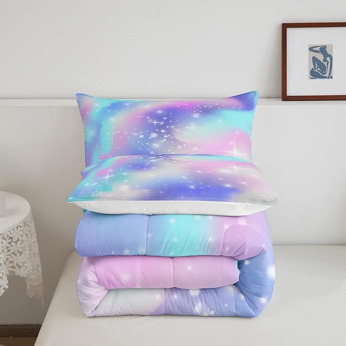 Erosebridal Ombre Comforter Rainbow Comforter Set Twin Tie Dye Galaxy Duvet Set Nebula Bedding Starry Sky Quilt Set Pastel Stars Glitter Bedding Set Purple Blue Bedroom Decorative Down Alternative