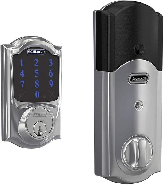 SCHLAGE BE469ZP CAM 625 Connect Smart Deadbolt With Alarm Inbuilt Camelot Trim In Bright Chrome