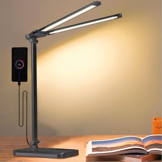 GERINTECH Dual Shade LED Desk Lamp with USB Charging Port & Pen Holder, Bright Table Lamp with Auto Shut-off Timer, 10 Adjustable Brightness, 5 Color Modes (Black)